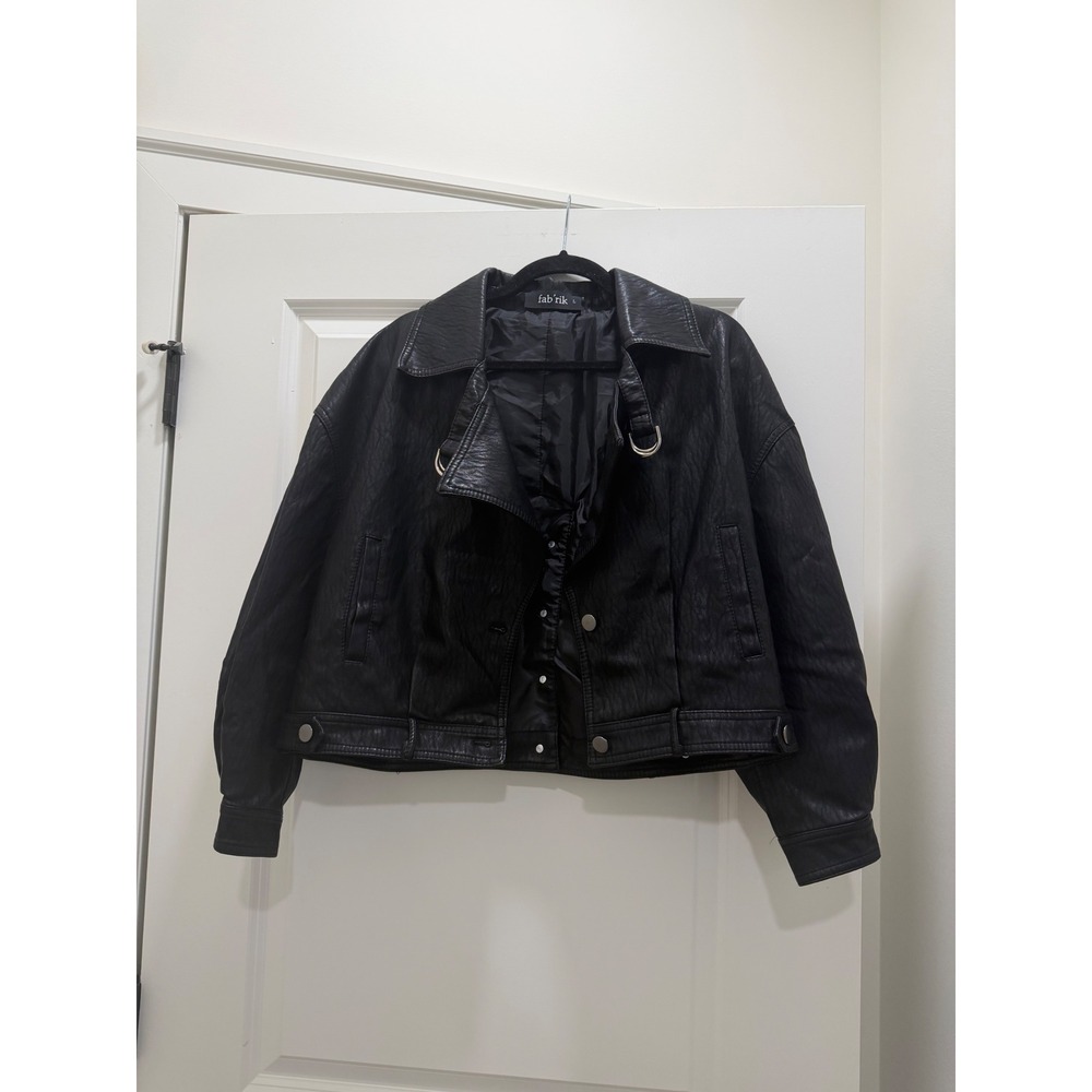 Fab'rik Womens Faux Leather Cropped Jacket Black Textured Snap Button Large